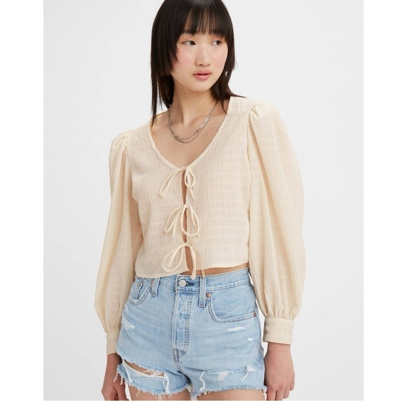 Levi’s Fawn Tie Ruched Stripe Sunny Cream White Blouse Size XLarge NWT - Picture 1 of 16